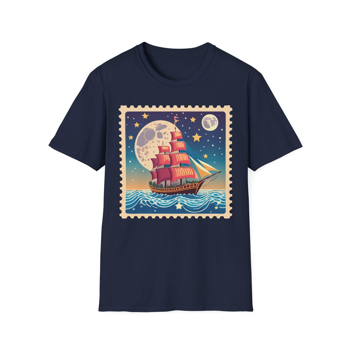 Vintage Sailing Ship Moon Poster T-Shirt | Nautical Ship Illustration