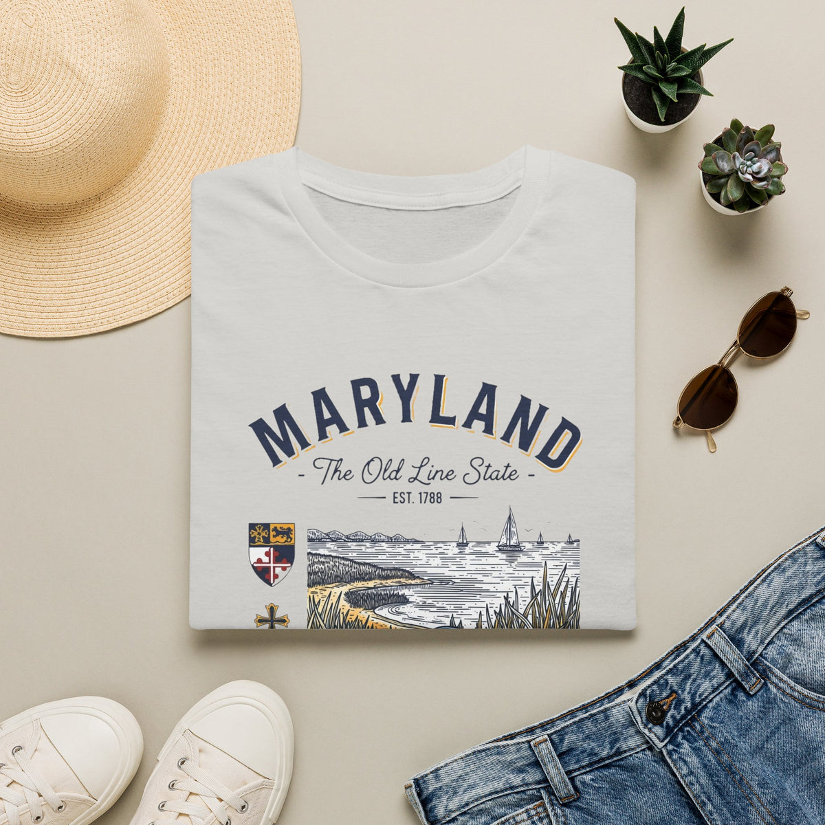 Maryland Blue Crab Scenic T-Shirt — The Old Line State Coastal Design Travel Tourist Graphic Design Unisex 100 Cotton Gildan T-Shirt