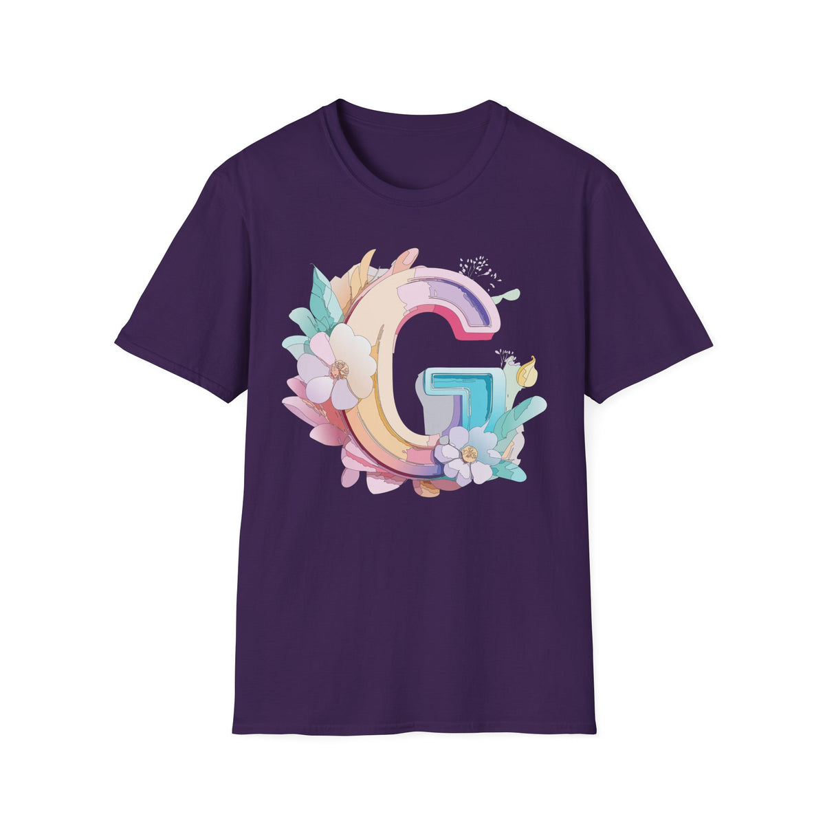 Floral Letter G T-Shirt | Monogram Initial Tee, Pastel Rainbow Blooms