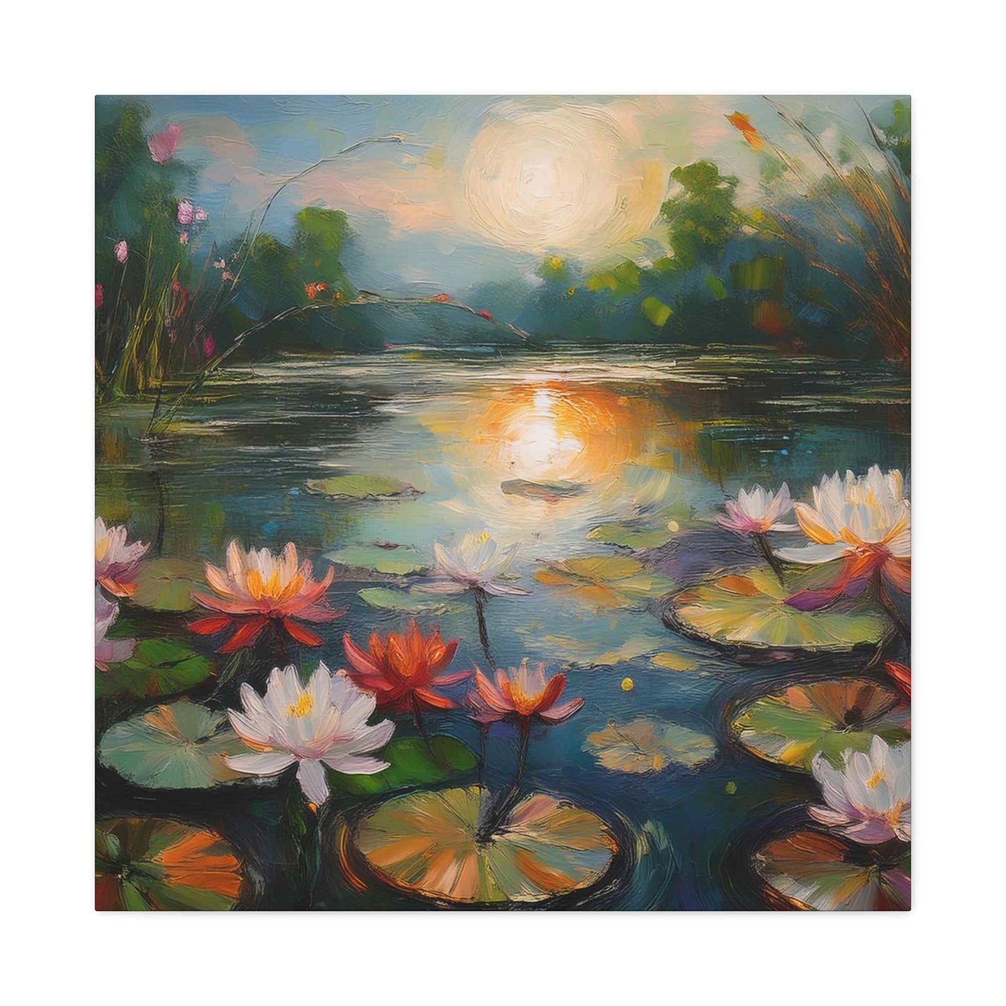 Water Lilies Print Canvas, Oil Paint Print 20x20, 24x24, 30x30, 32x32, 36x36 Floral Art Print Pine-Wood Inner Frame MC-66