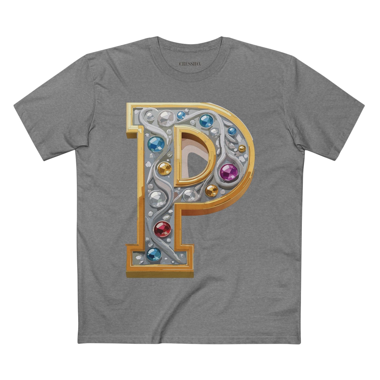 Letter P Graphic Design Tee Unisex 100 Cotton With Antique Gold Letters Artwork T-Shirt