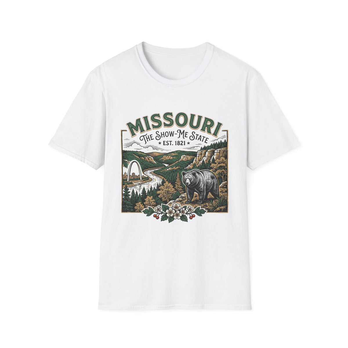 Missouri Vintage State Pride T-Shirt — State Scenic Bear Design Travel Tourist Graphic Design Unisex 100 Cotton Gildan T-Shirt