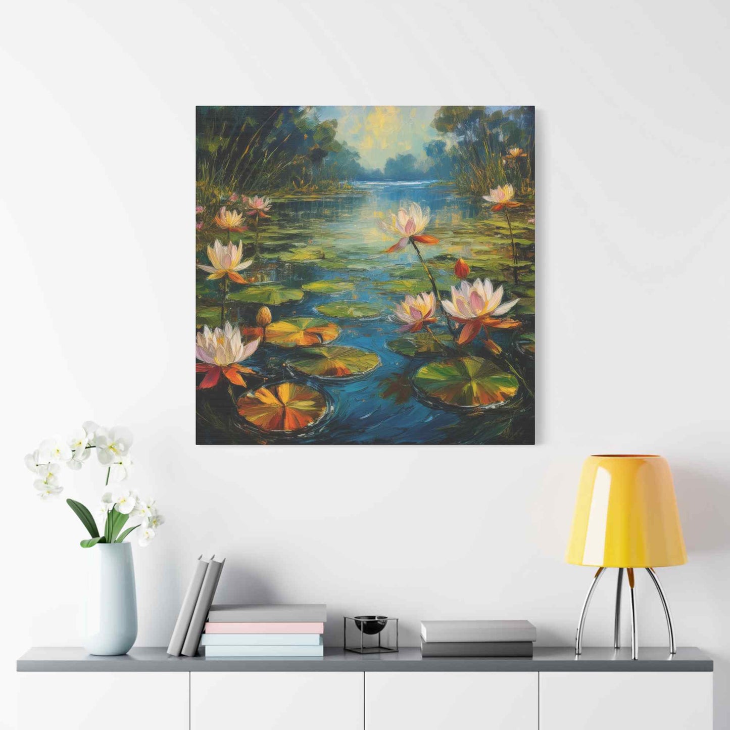 Water Lilies Print Canvas, Oil Paint Print 20x20, 24x24, 30x30, 32x32, 36x36 Art Design Print Pine-Wood Inner Frame MC-62