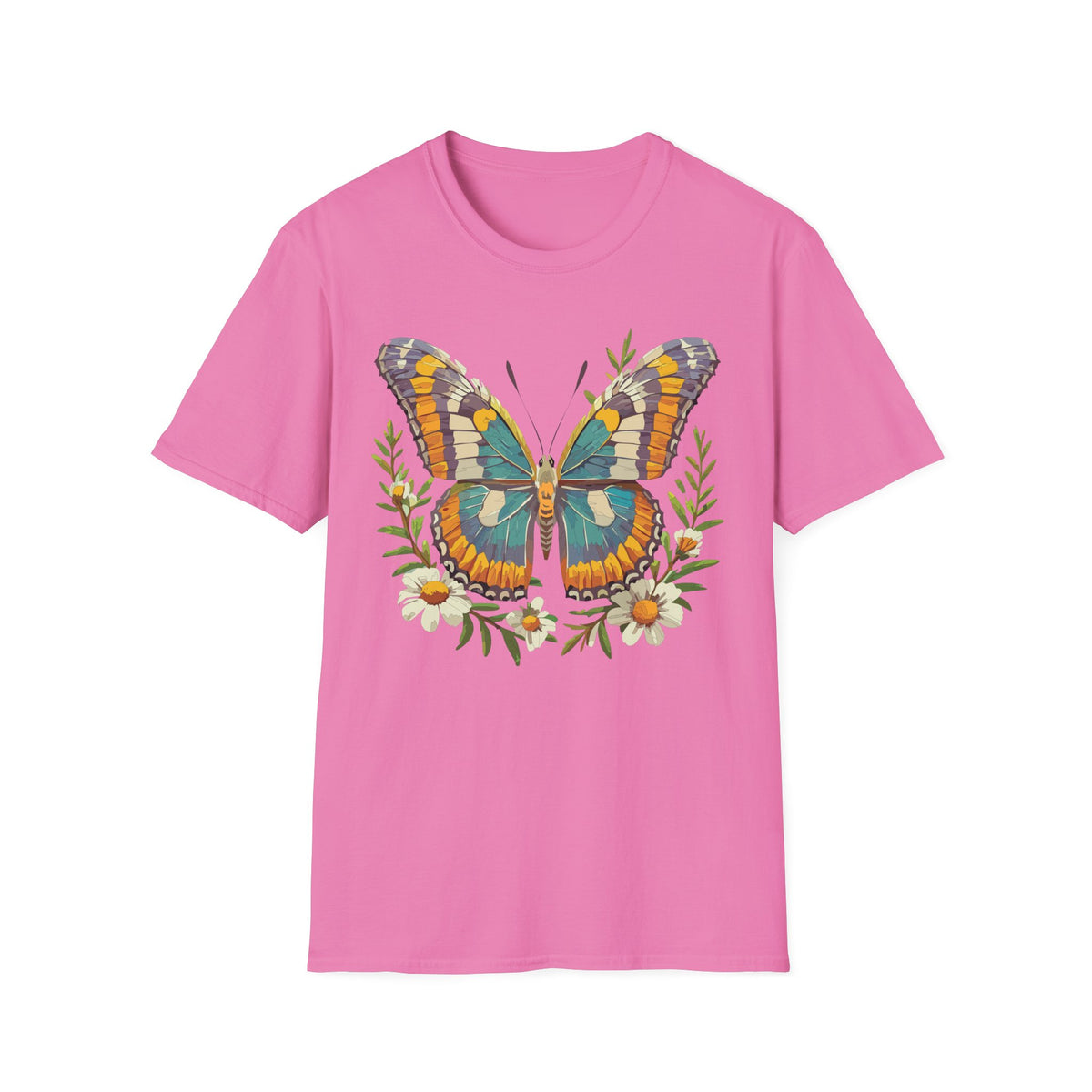 Teal Orange Butterfly T-Shirt | Floral Butterfly Illustration Graphic Tee Unisex 100 Cotton Gildan T-Shirt
