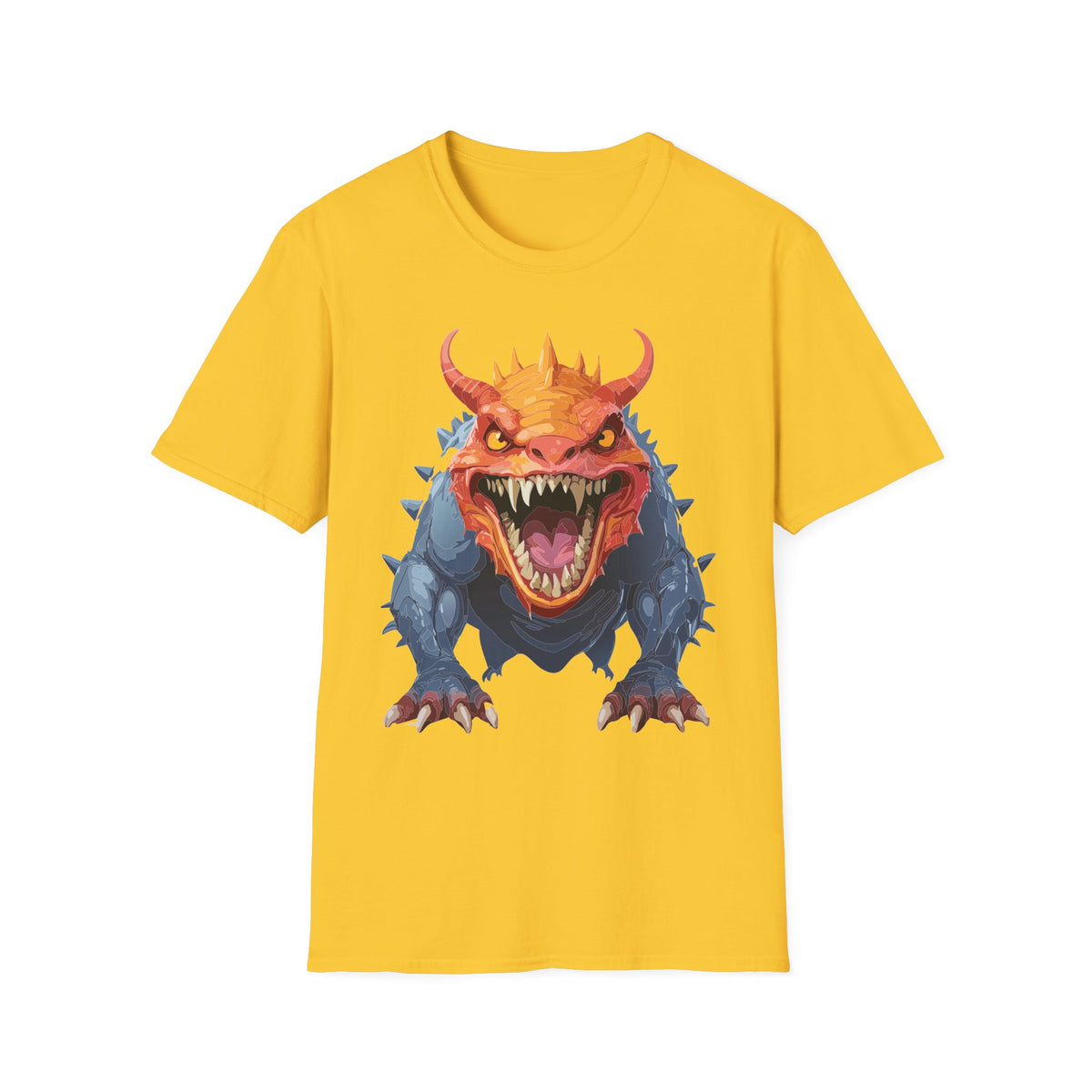 Dragon Monster T-Shirt — Fierce Orange & Blue Fantasy Creature Cartoon Graphic Tee Unisex 100 Cotton Gildan T-Shirt