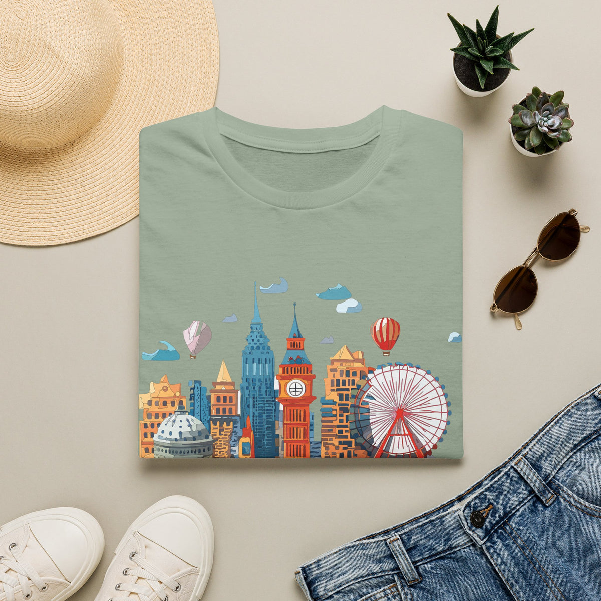 London Skyline Illustration T-Shirt | Big Ben, London Eye, Hot Air Balloons