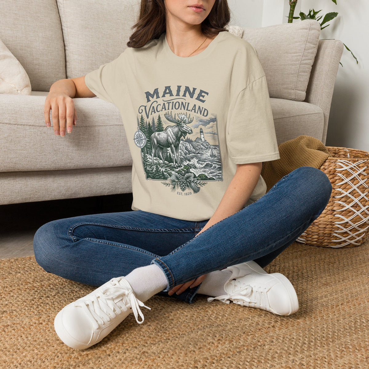 Maine Vacationland T-Shirt – Vintage Moose, Lighthouse State Travel Travel Tourist Graphic Design Unisex 100 Cotton Gildan T-Shirt