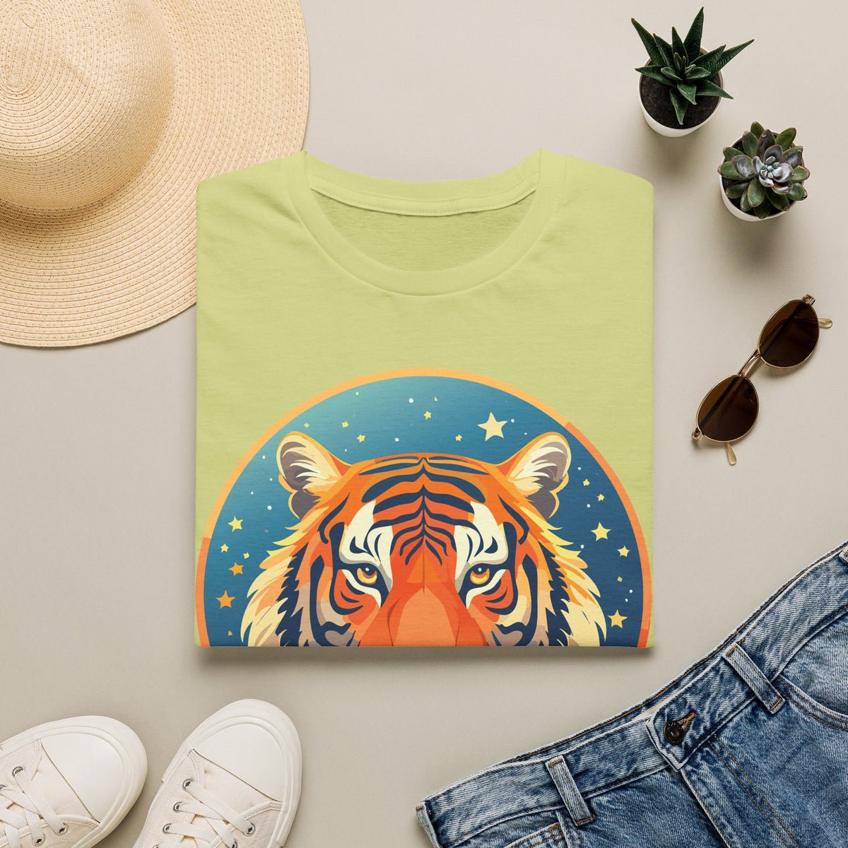 Tiger Head Illustration T-Shirt | Retro Celestial Stars