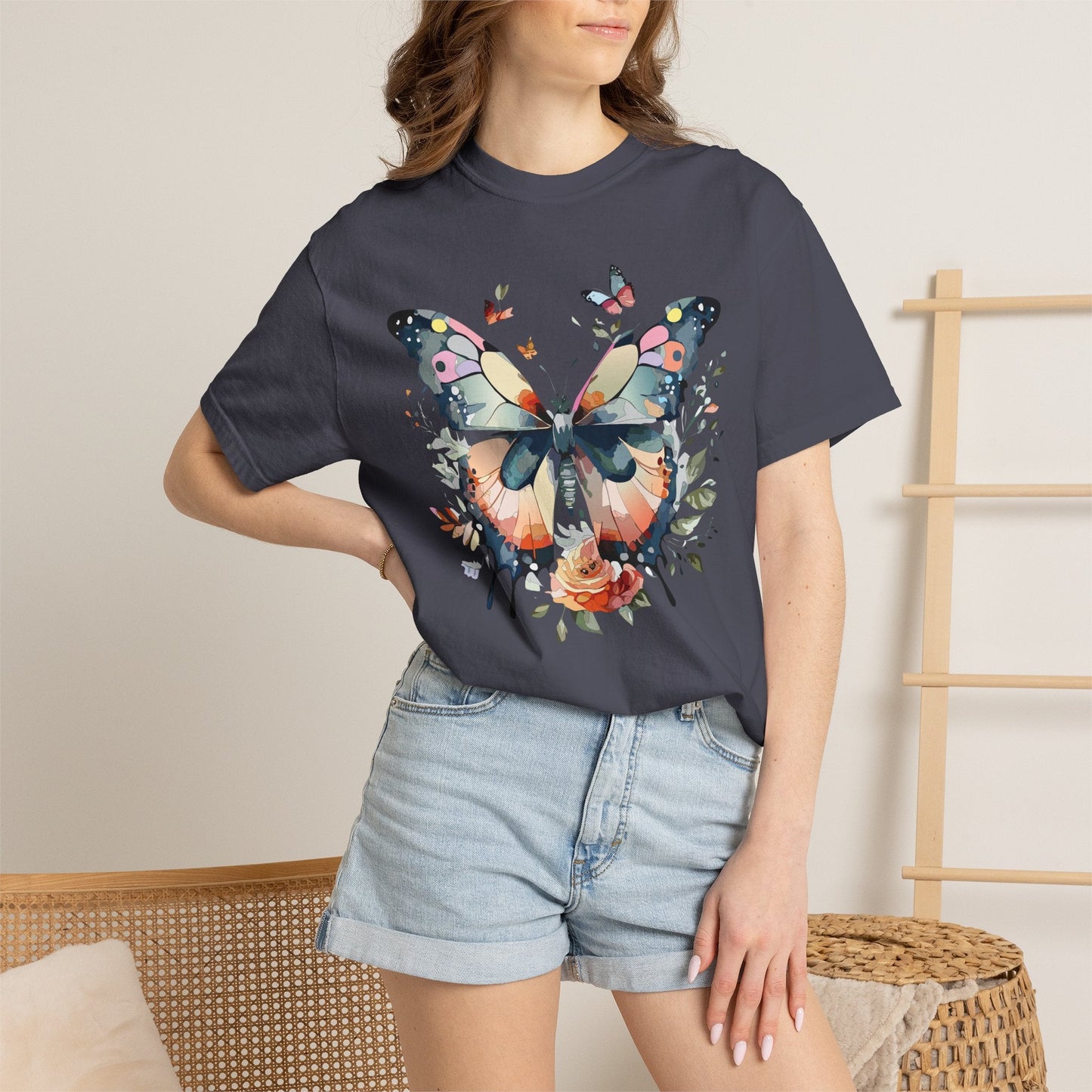 Butterfly Floral Print T-Shirt Botanical Design Unisex Heavy Cotton Tee b3