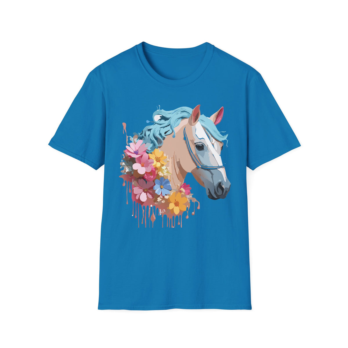Floral Horse Illustration T-Shirt | Pastel Blue Mane, Watercolor Flowers