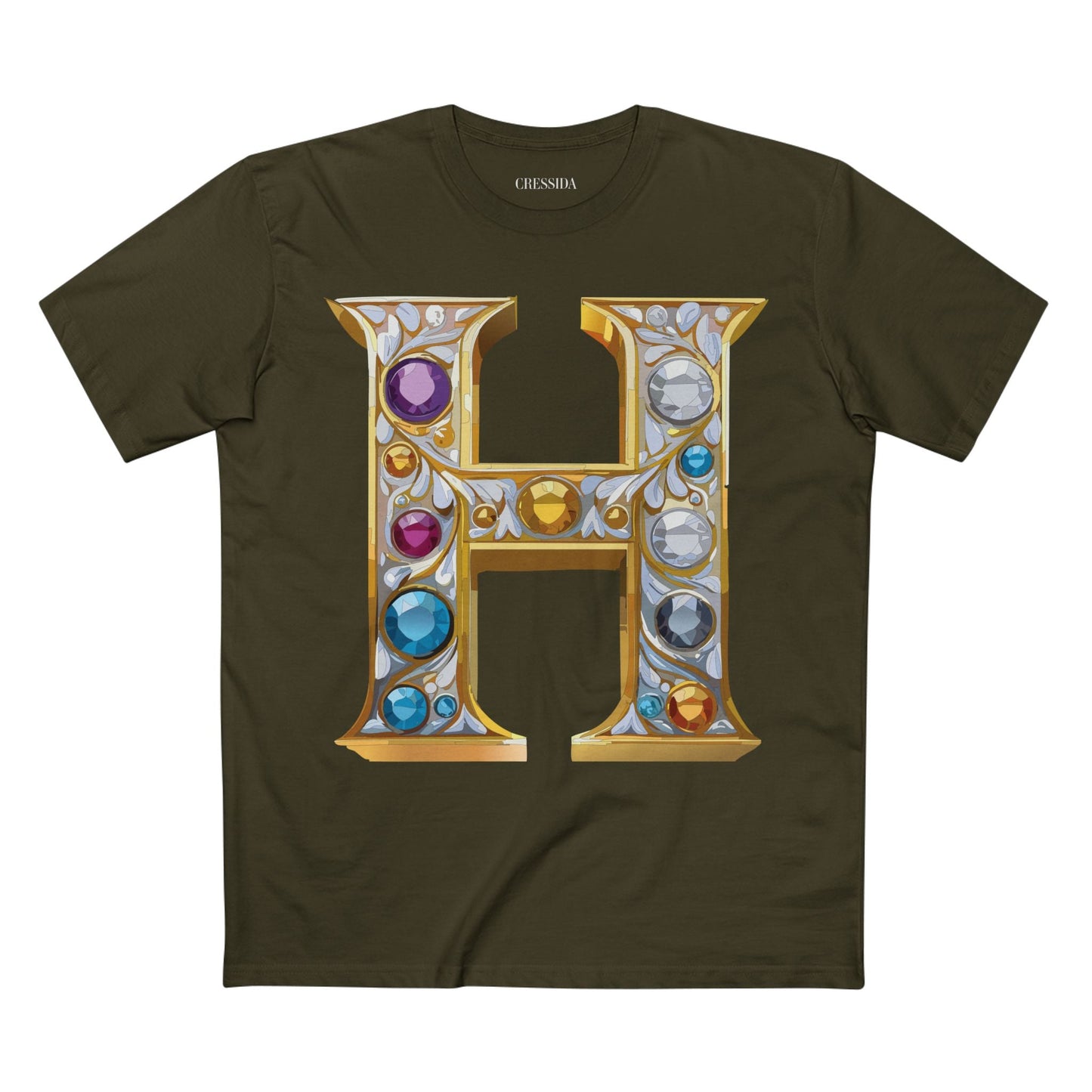 Letter H Graphic Design Tee Unisex 100 Cotton With Antique Gold Letters Artwork T-Shirt