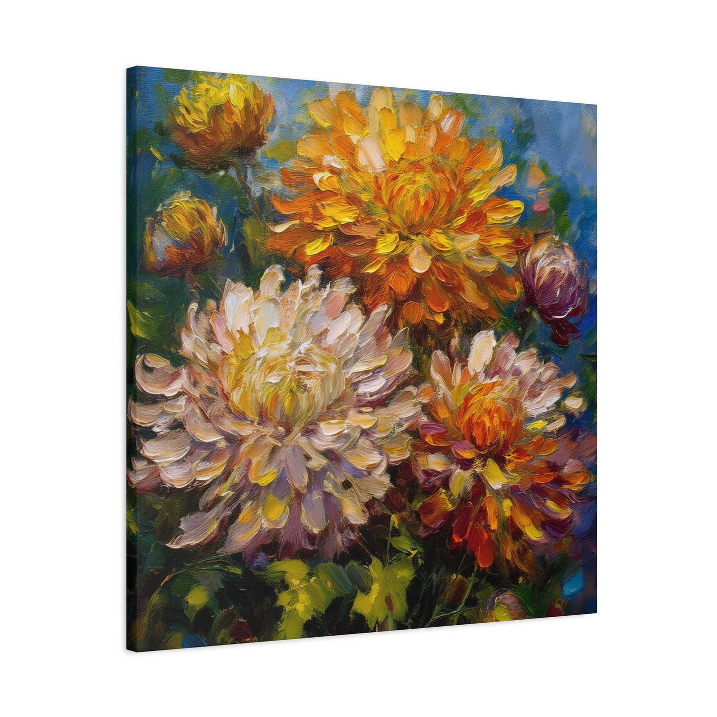 Chrysanthemums Print Canvas, Floral Oil Paint Print 20x20, 24x24, 30x30, 32x32, 36x36 Art Design Pine-Wood Inner Frame MC-156