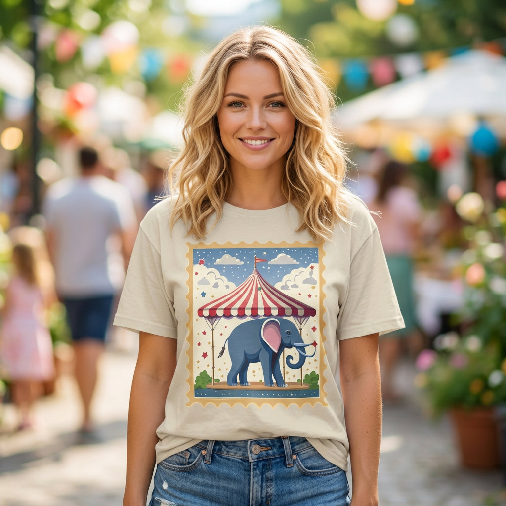 Circus Elephant Tent T-Shirt | Vintage Carnival Stamp Graphic Tee Unisex 100 Cotton Gildan T-Shirt