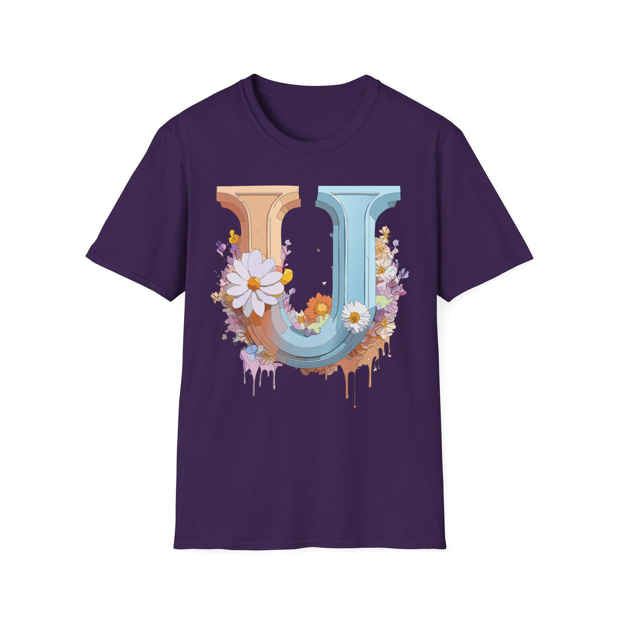 Floral Letter U T-Shirt | Vintage Block Initial with Daisies