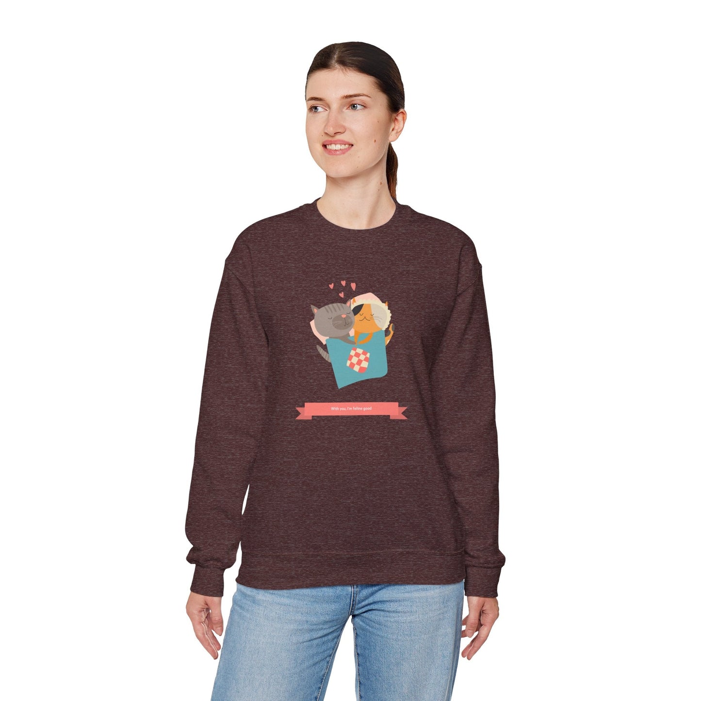 Cat Heart Sweatshirt Unisex Valentines Day 50 50 Cotton Poly Crewneck Gildan 18000