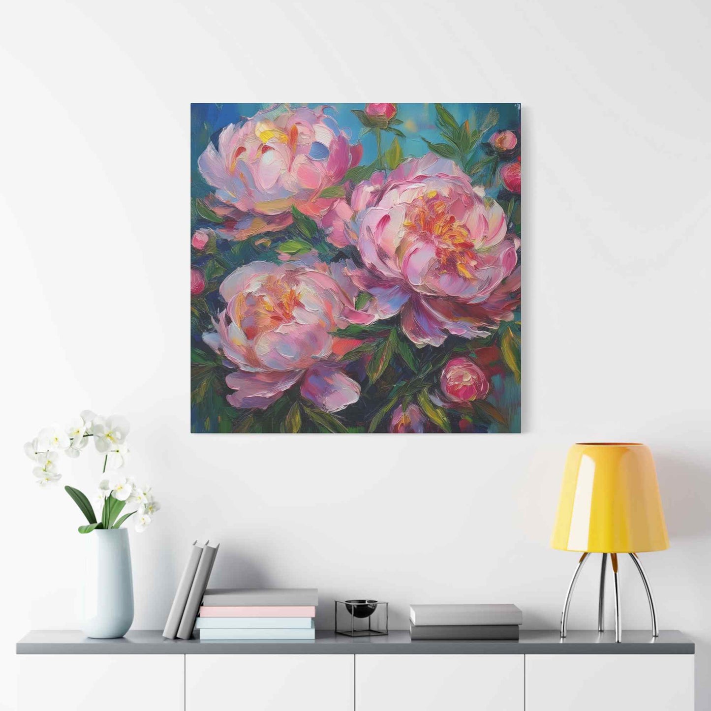 Pink Peonies Print Canvas, Floral Oil Paint Print 20x20, 24x24, 30x30, 32x32, 36x36 Art Design Pine-Wood Inner Frame MC-116