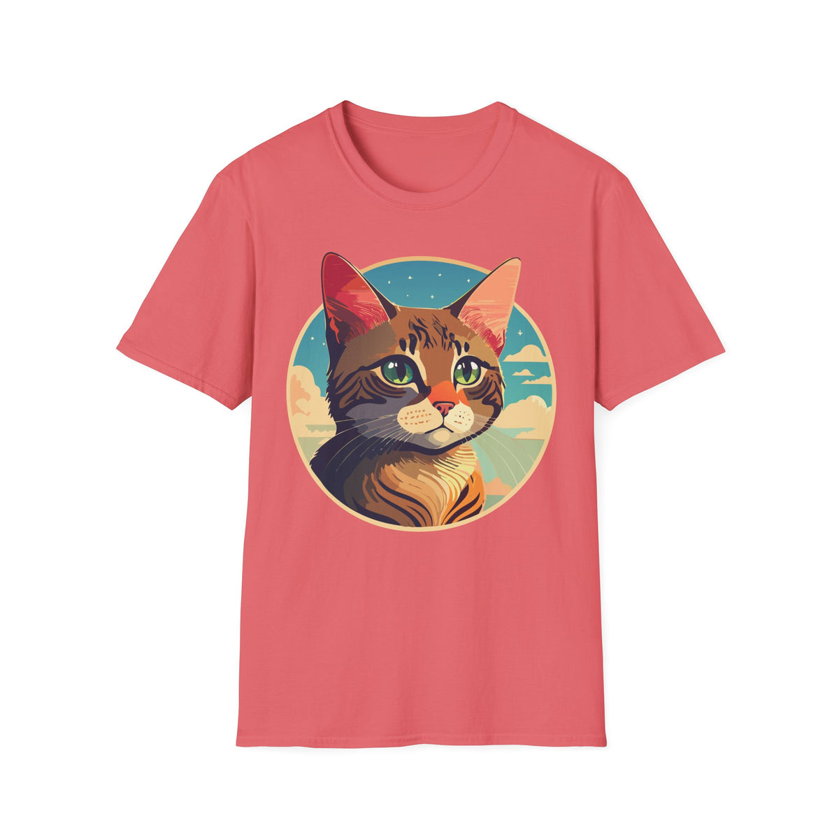 Retro Sunset Tabby Cat T-Shirt | Vintage Cat Portrait, Nautical Sky