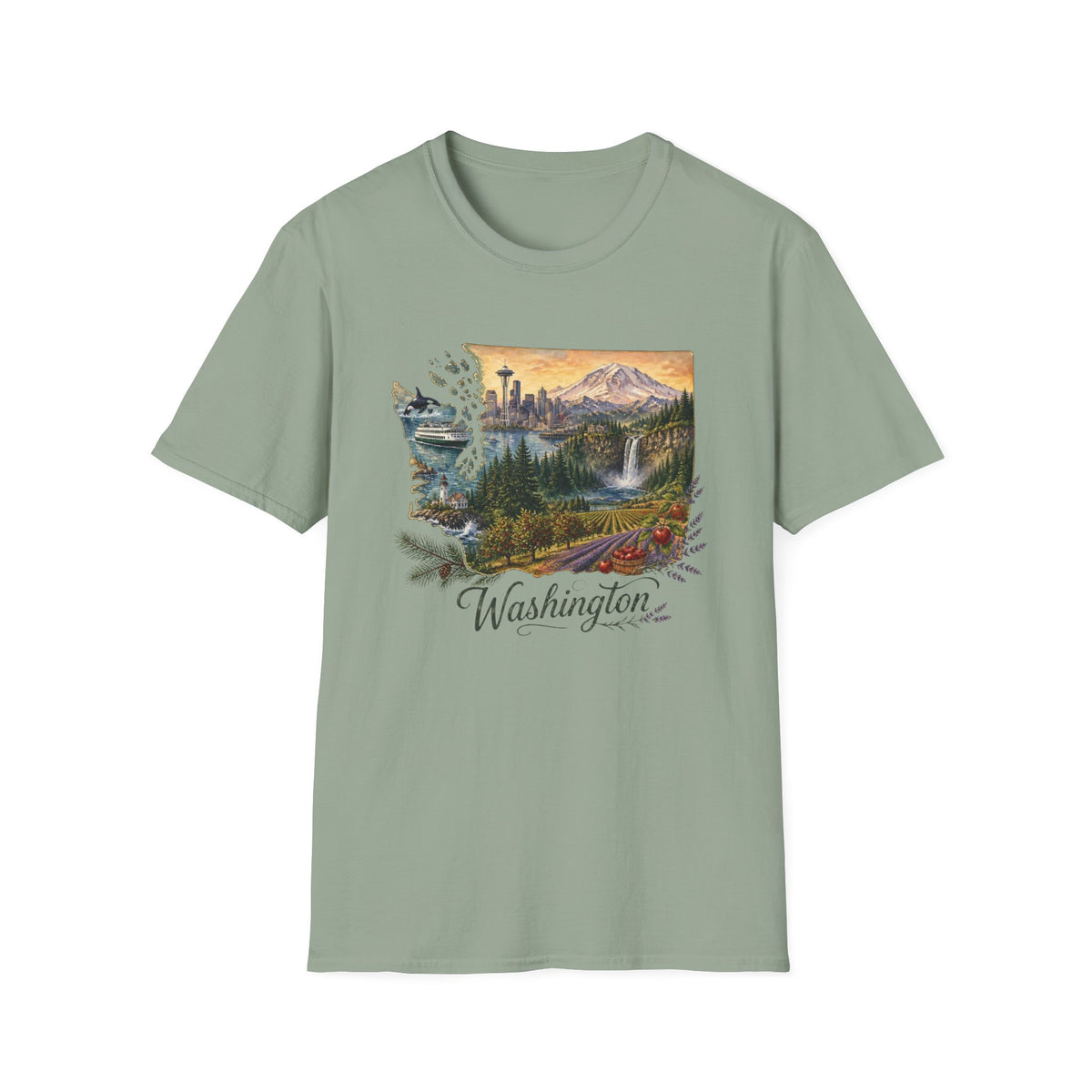 Washington Scenic T-Shirt — Vintage Mountain & Waterfall State Travel Tourist Graphic Design Unisex 100 Cotton Gildan T-Shirt