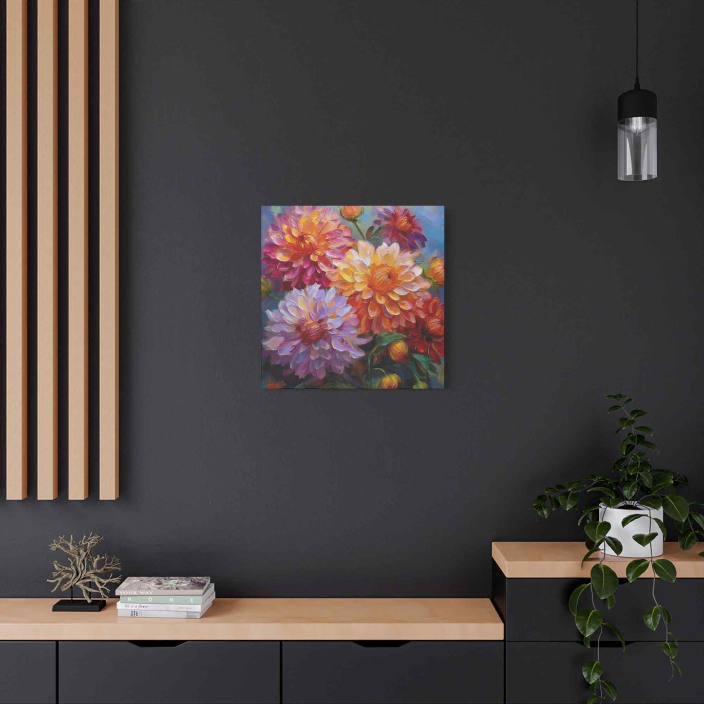 Dahlias Floral Print Canvas, Floral Oil Paint Print 20x20, 24x24, 30x30, 32x32, 36x36 Art Design Pine-Wood Inner Frame MC-165