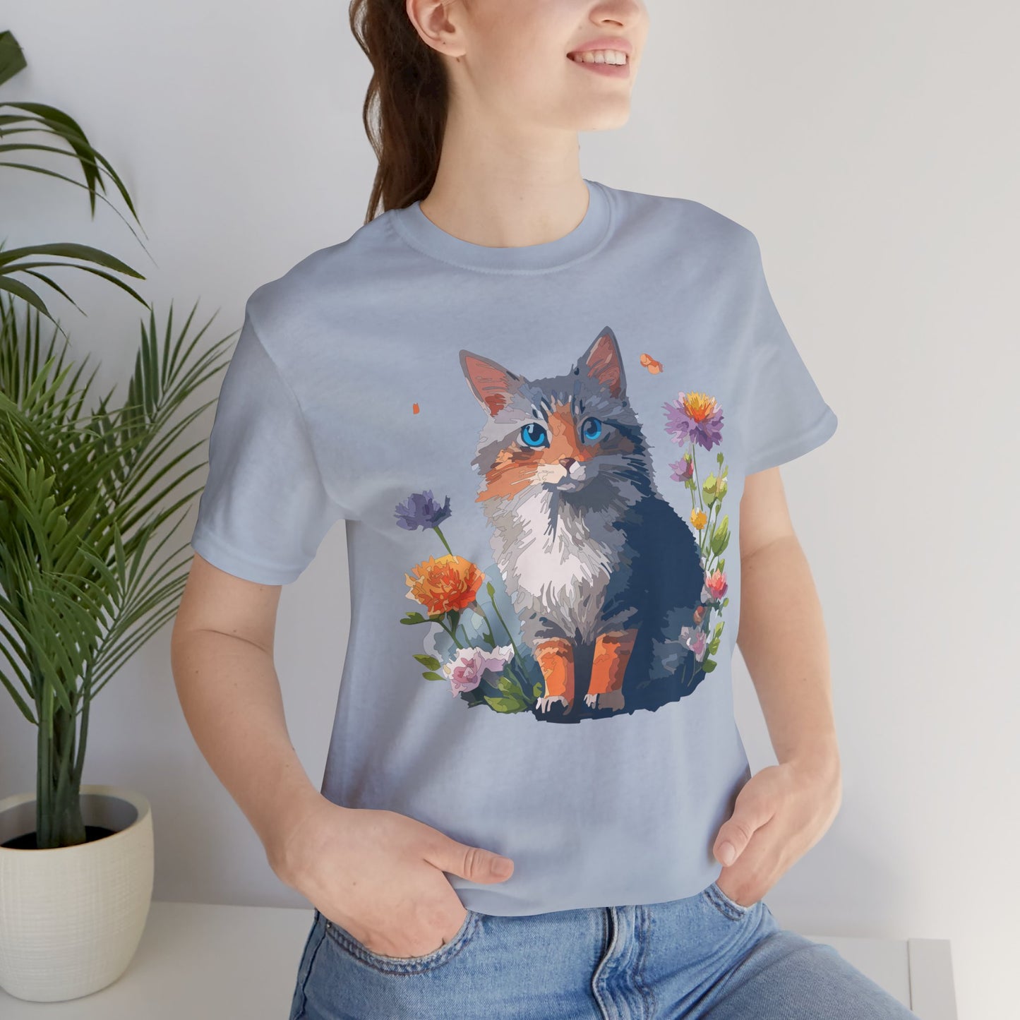 Floral Cat Tee, Animal Shirt, Cat Shirt, Floral Tee, Flower T-shirt, T-Shirt with Animal, Summer Top with Art Design