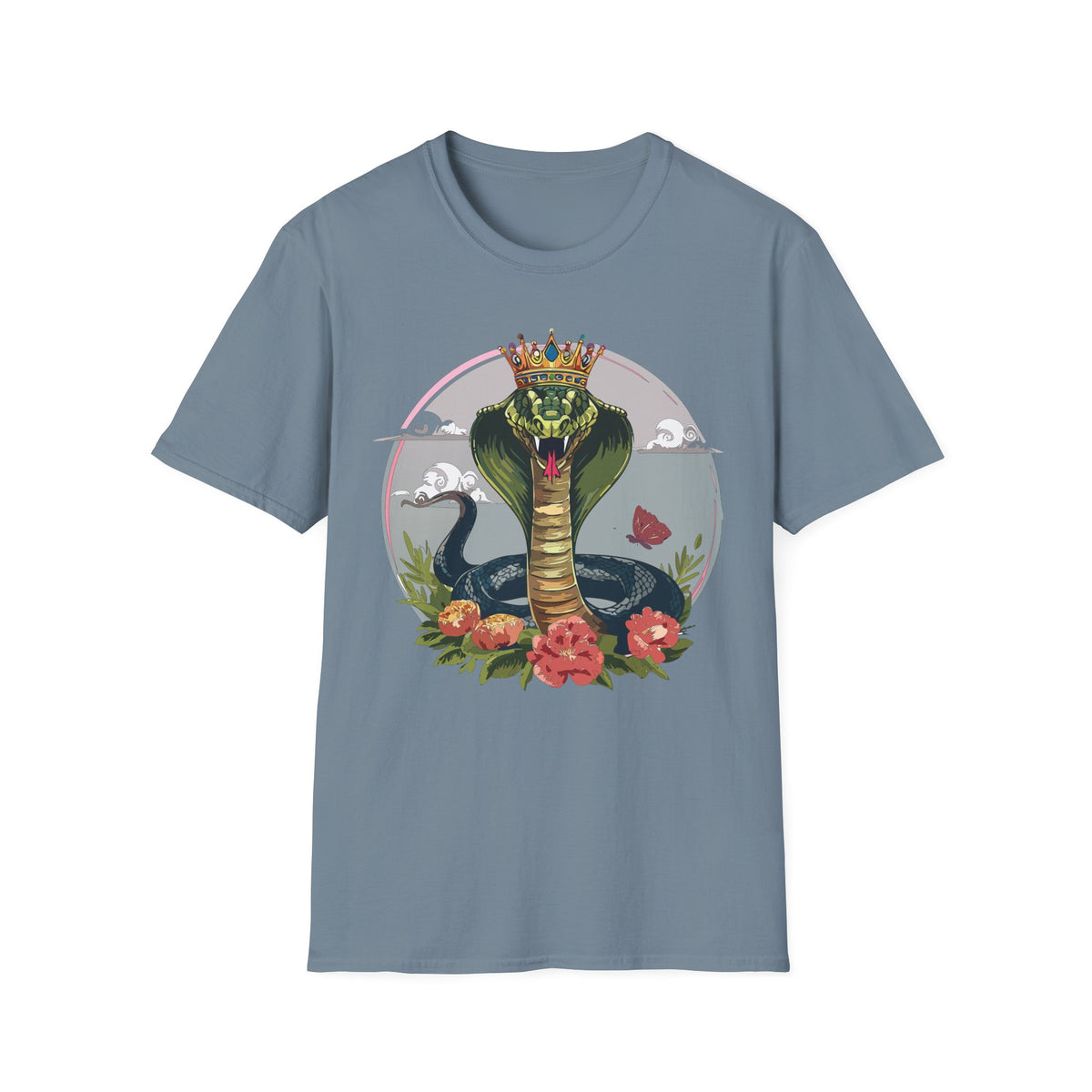 Crowned King Cobra T-Shirt | Snake Illustration, Floral Accent