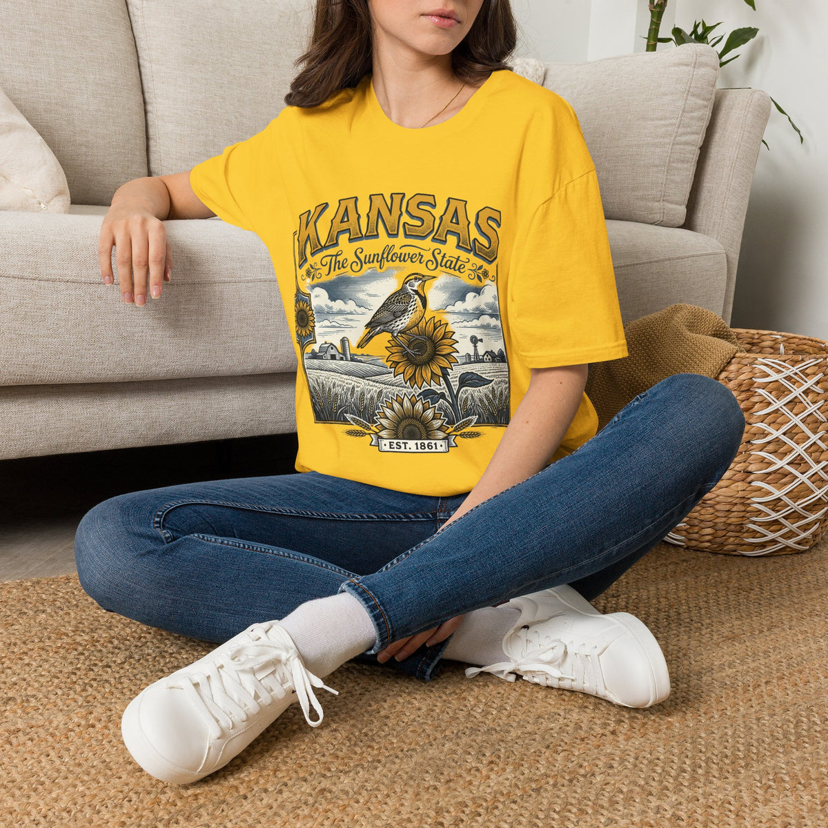 Kansas The Sunflower State T-Shirt | Vintage Meadow Bird Sunflower Design