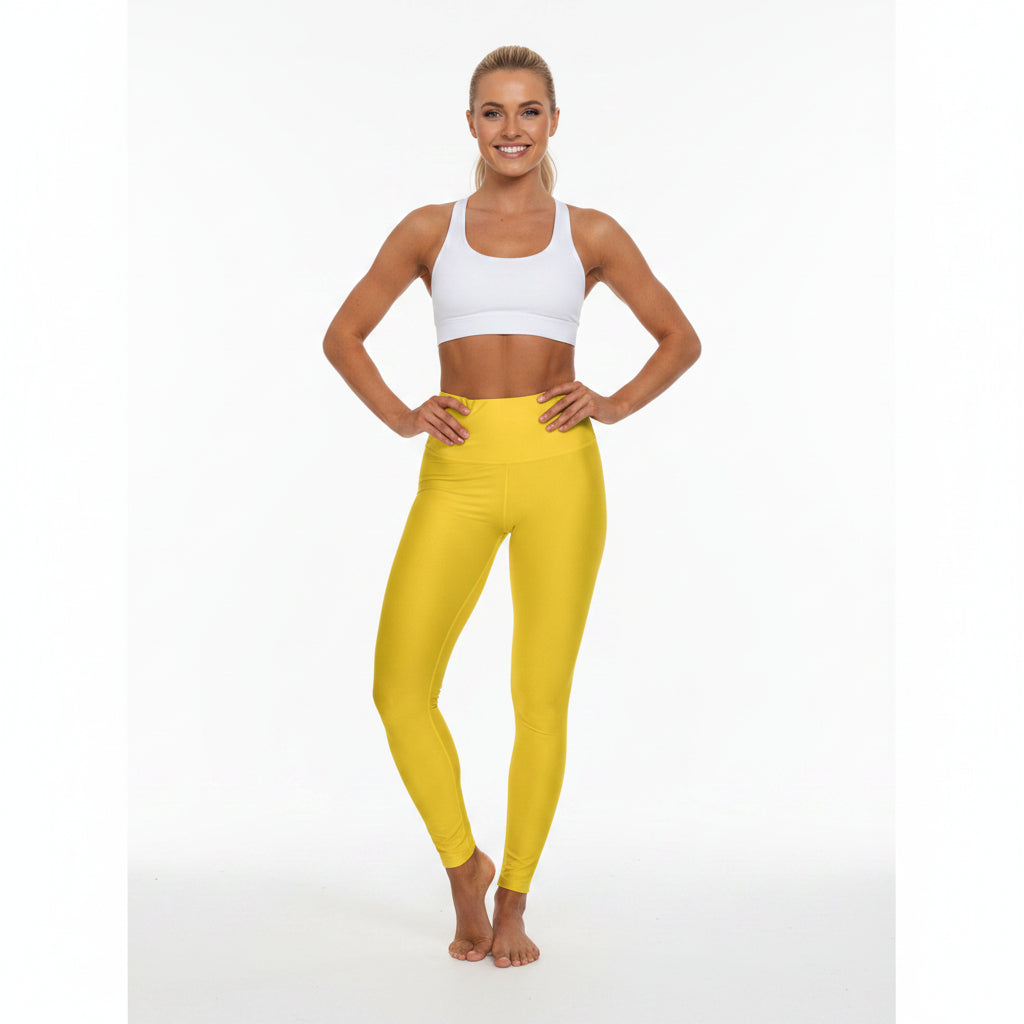 Golden Yellow Color High-Waist Yoga Leggings Women's Seamless Poly-Span Stretchy Pants XS-2XL