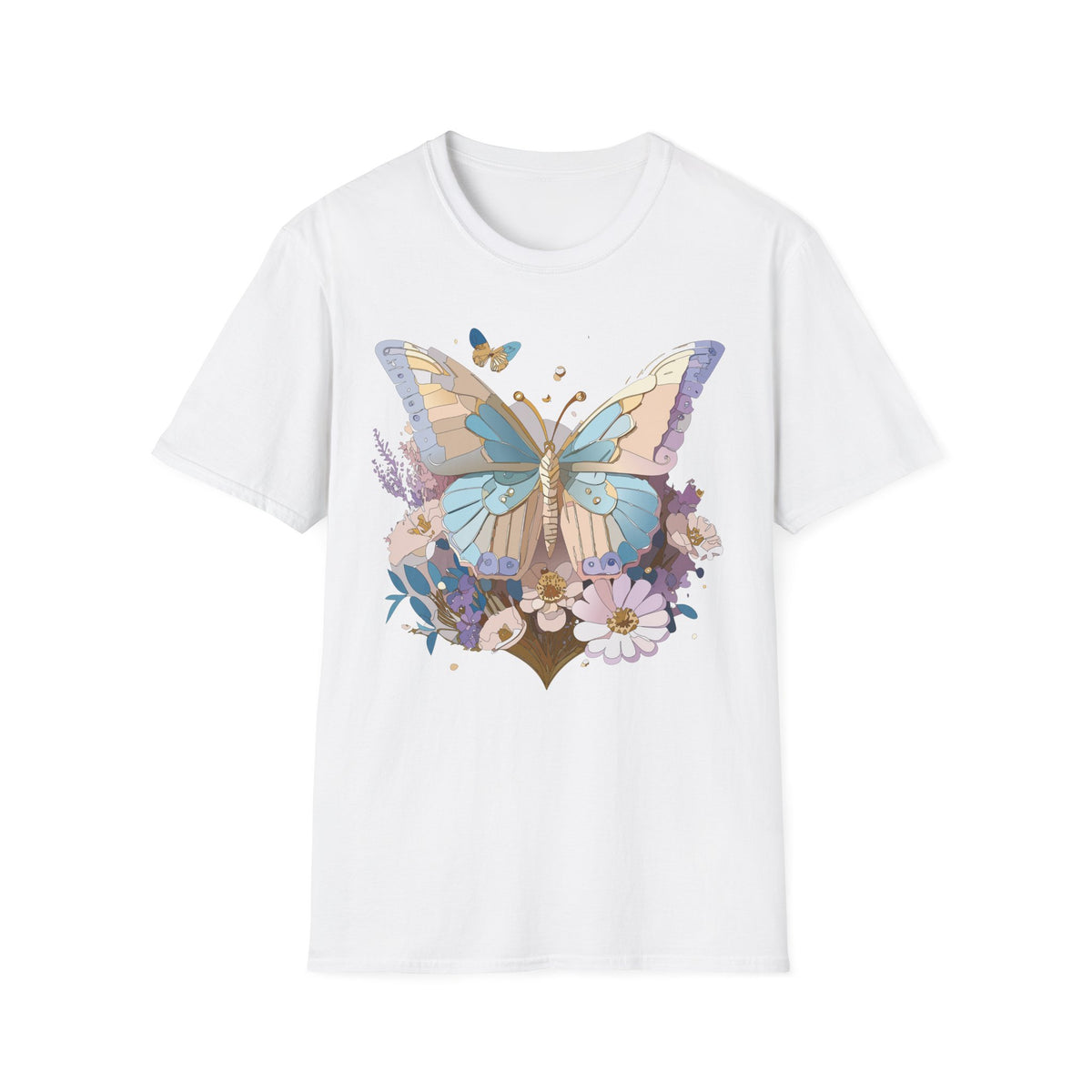 Butterfly Garden T‑Shirt — Pastel Floral Wing Illustration Graphic Design Unisex 100 Cotton Gildan T-Shirt