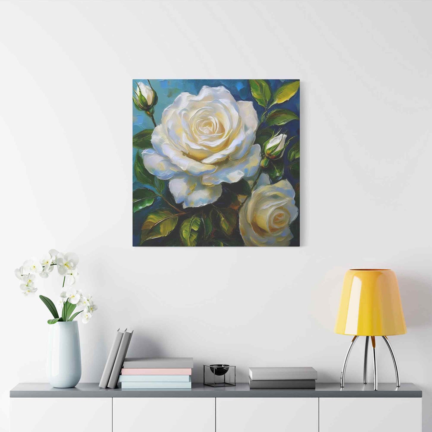 White Roses Print Canvas, Roses Oil Paint Print 20x20, 24x24, 30x30, 32x32, 36x36, Floral Art Design Print Non-Frame MC-19