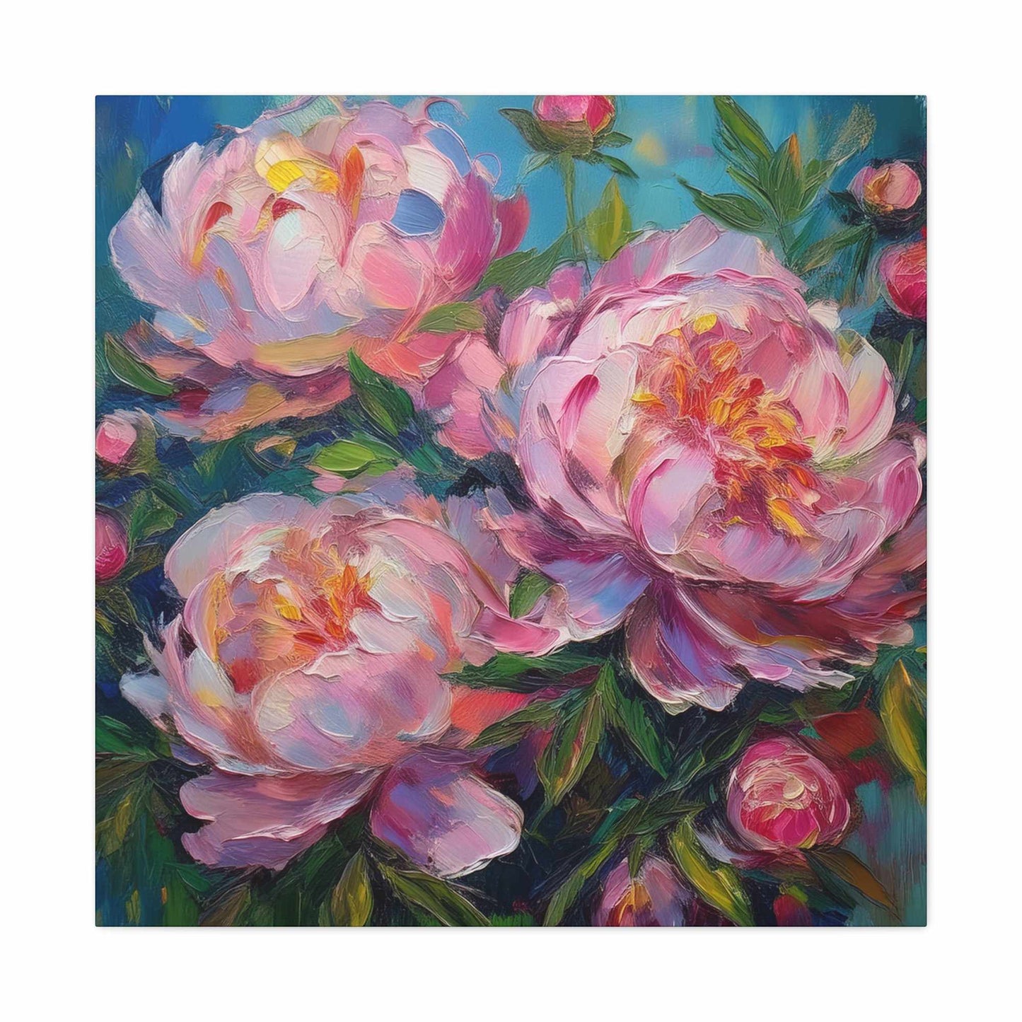 Pink Peonies Print Canvas, Floral Oil Paint Print 20x20, 24x24, 30x30, 32x32, 36x36 Art Design Pine-Wood Inner Frame MC-116