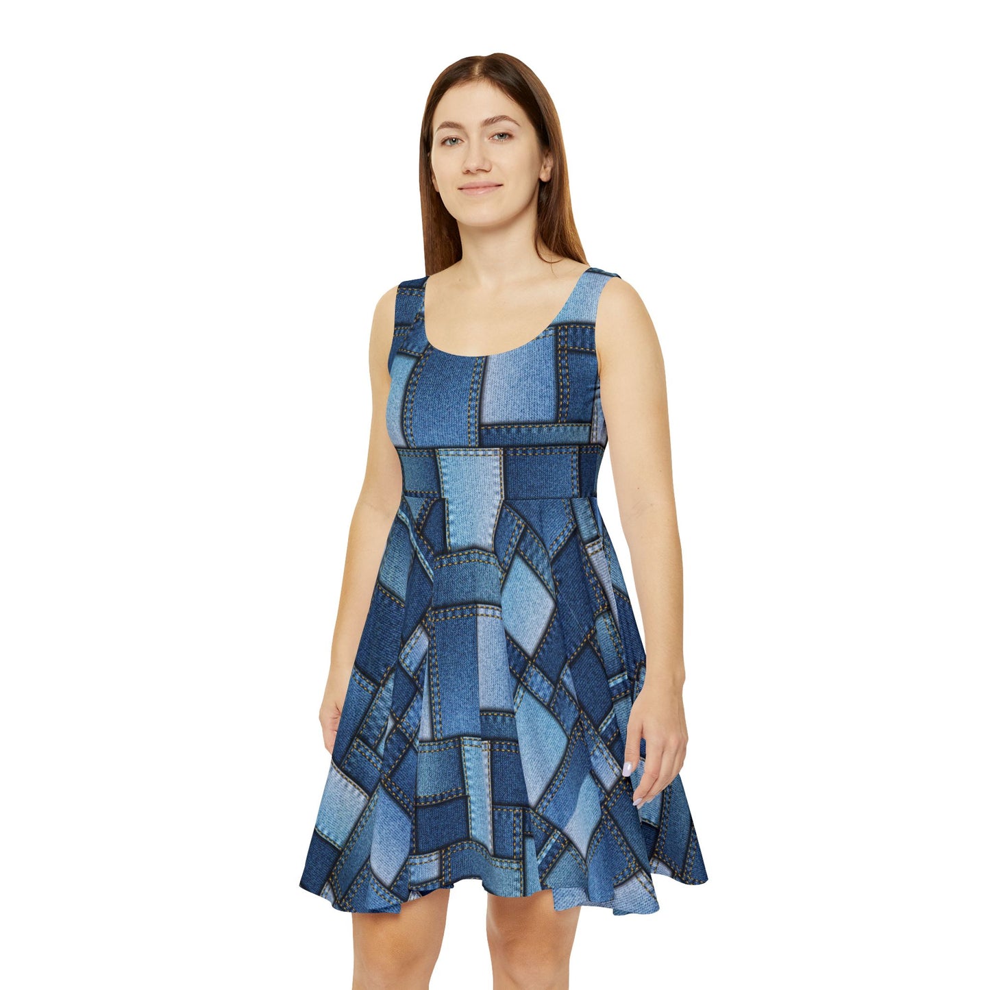 Women Denim Print Skater Dress, Denim Print Poly-Span Dress -1