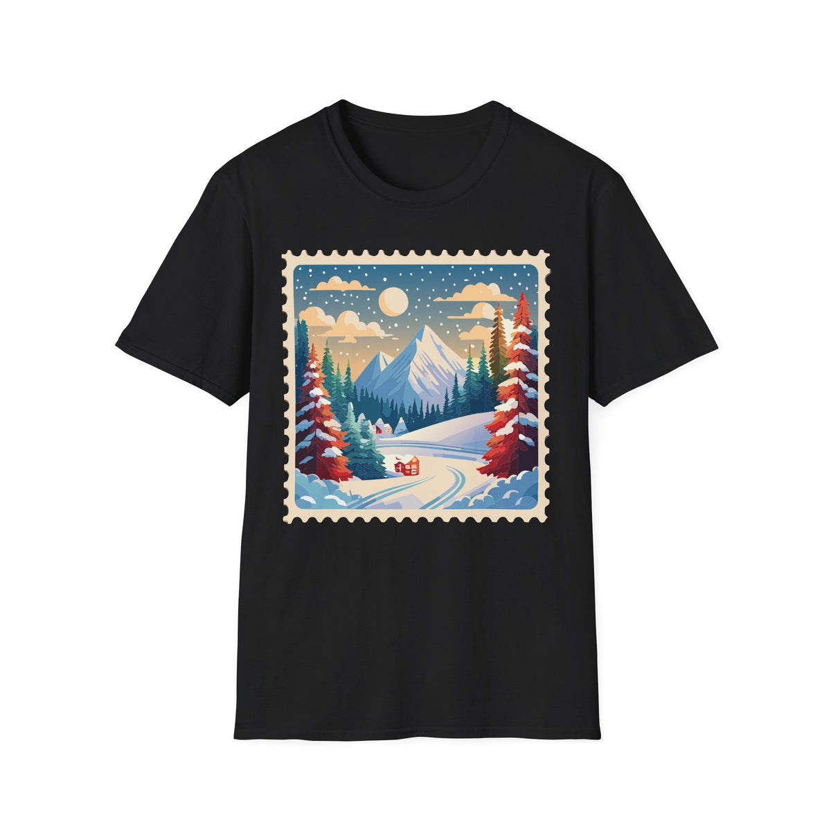 Vintage Winter Mountain Scene T-Shirt | Snowy Peaks Forest Illustration