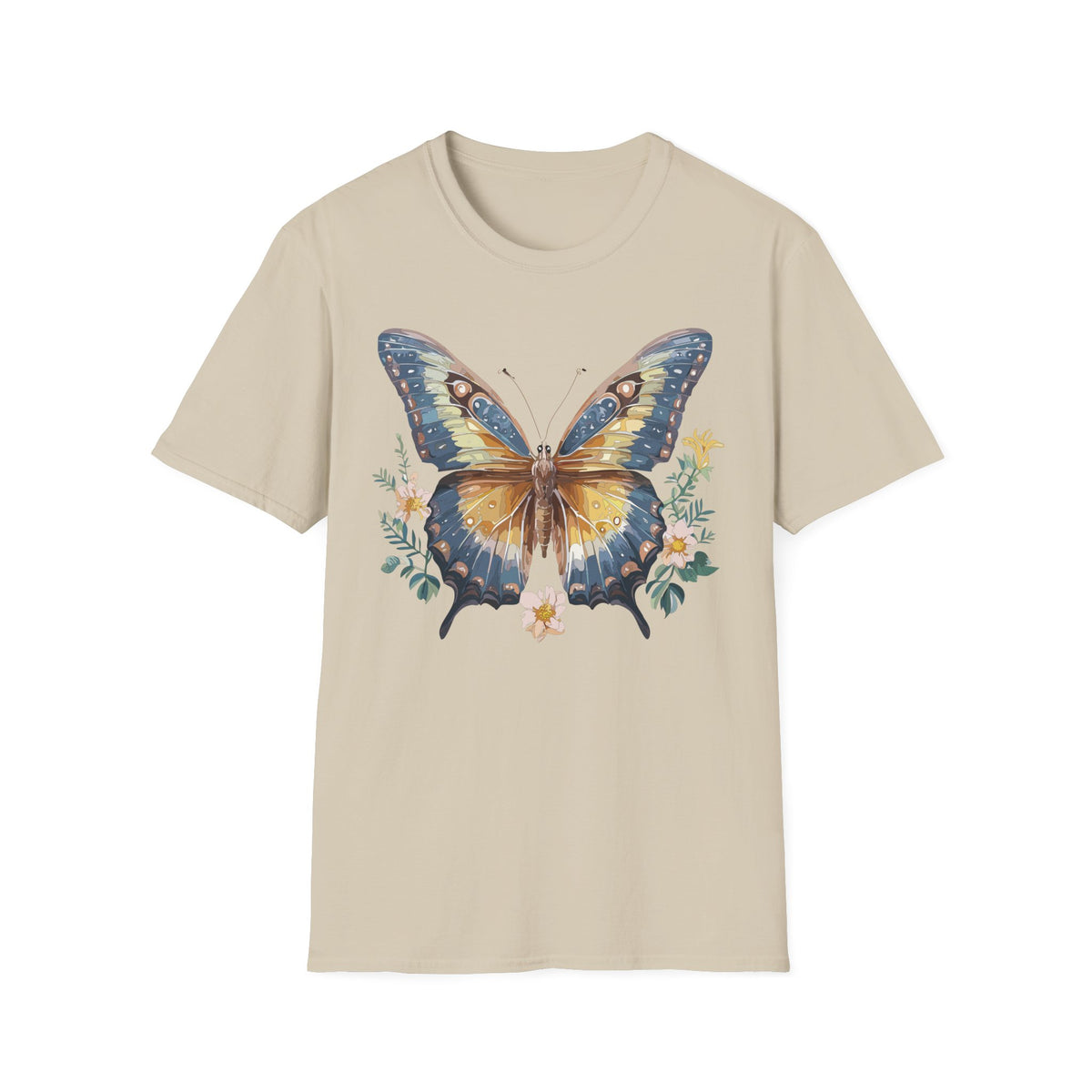 Golden Blue Butterfly T-Shirt | Botanical Accent Graphic Tee Unisex 100 Cotton Gildan T-Shirt