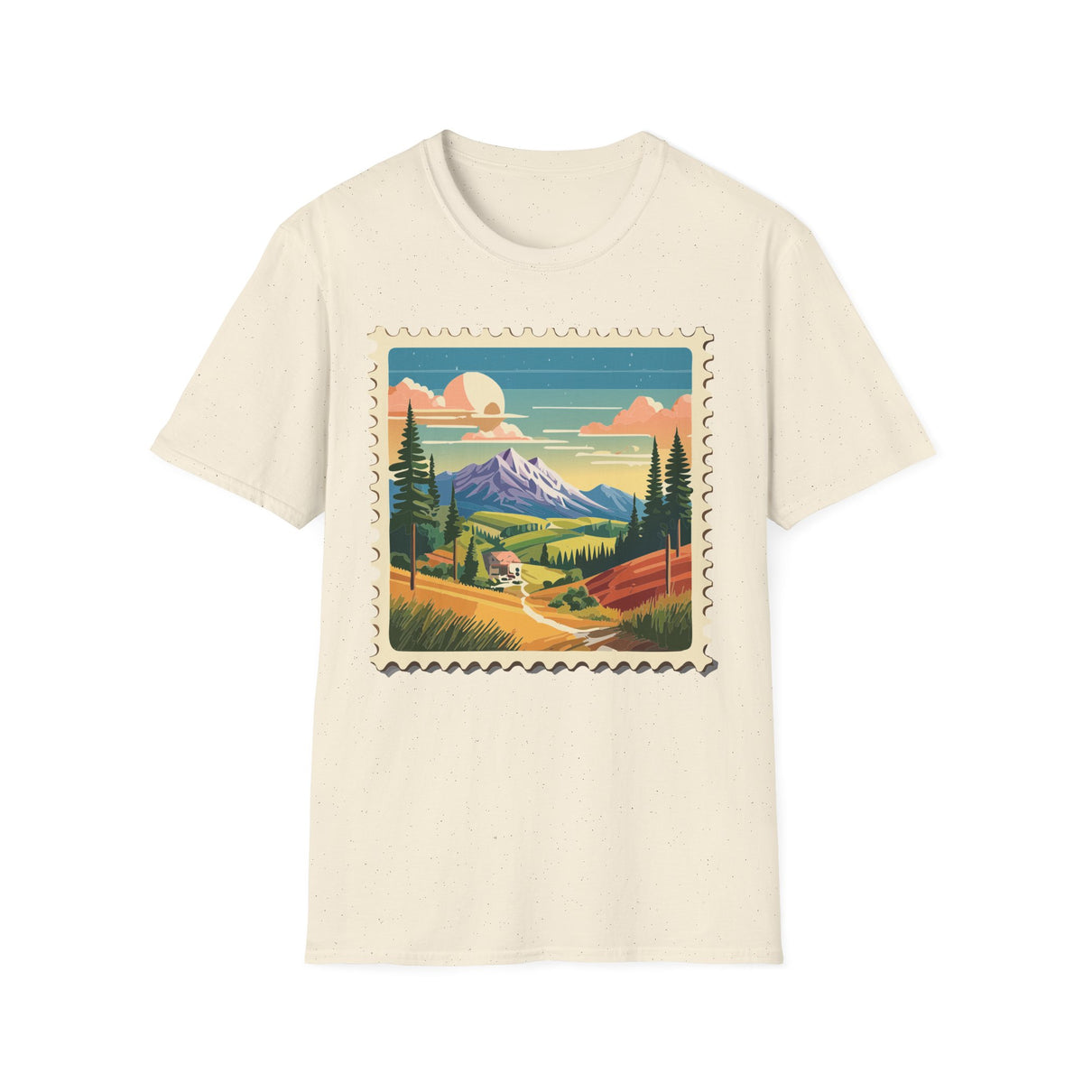Mountain Landscape Stamp T-Shirt | Retro Sunset Scenic Tee