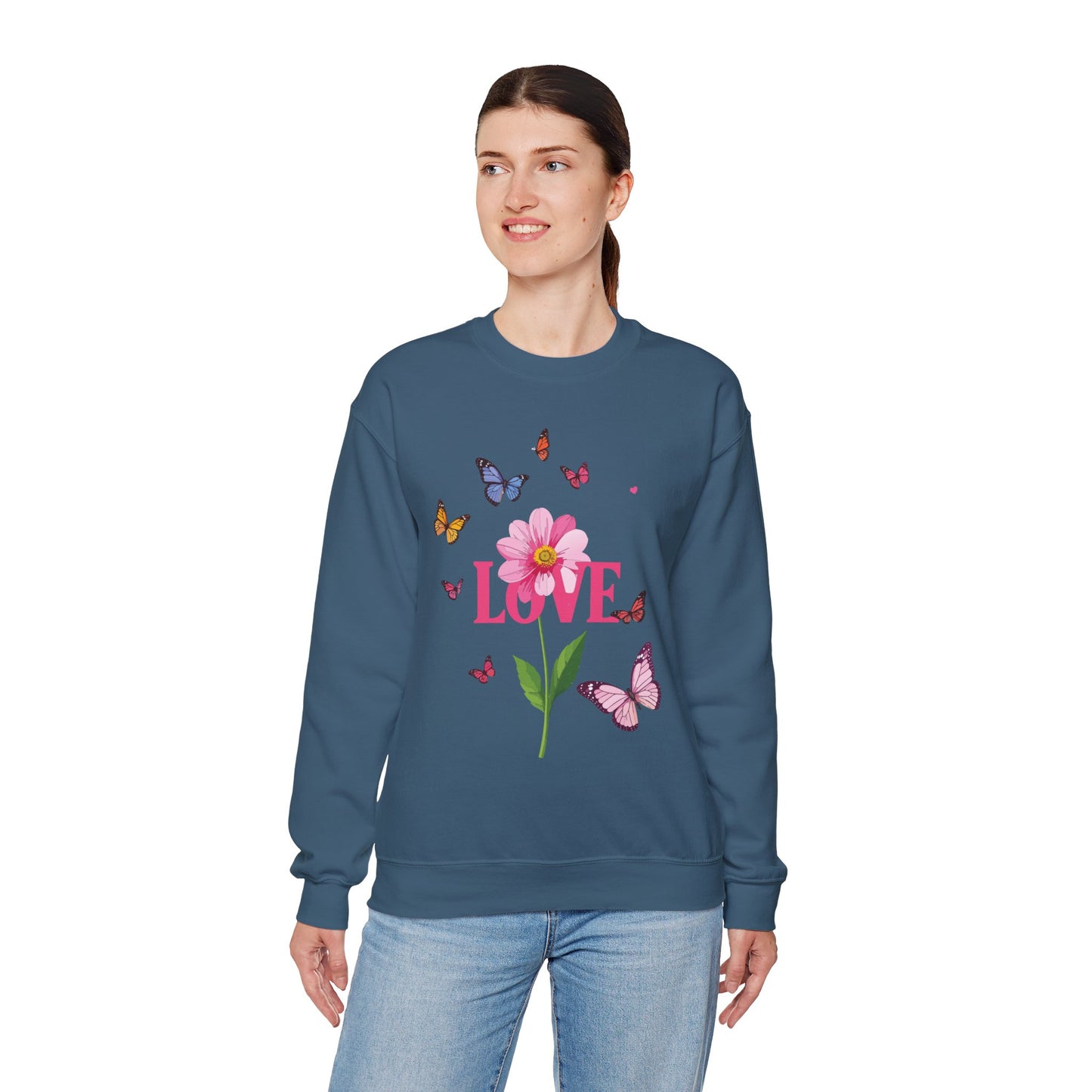 Unisex Floral Love Sweatshirt, Love Floral Sweatshirt, Floral Butterfly Sweatshirt, 50/50 Cotton-Poly Valentine's Day Sweatshirt 01