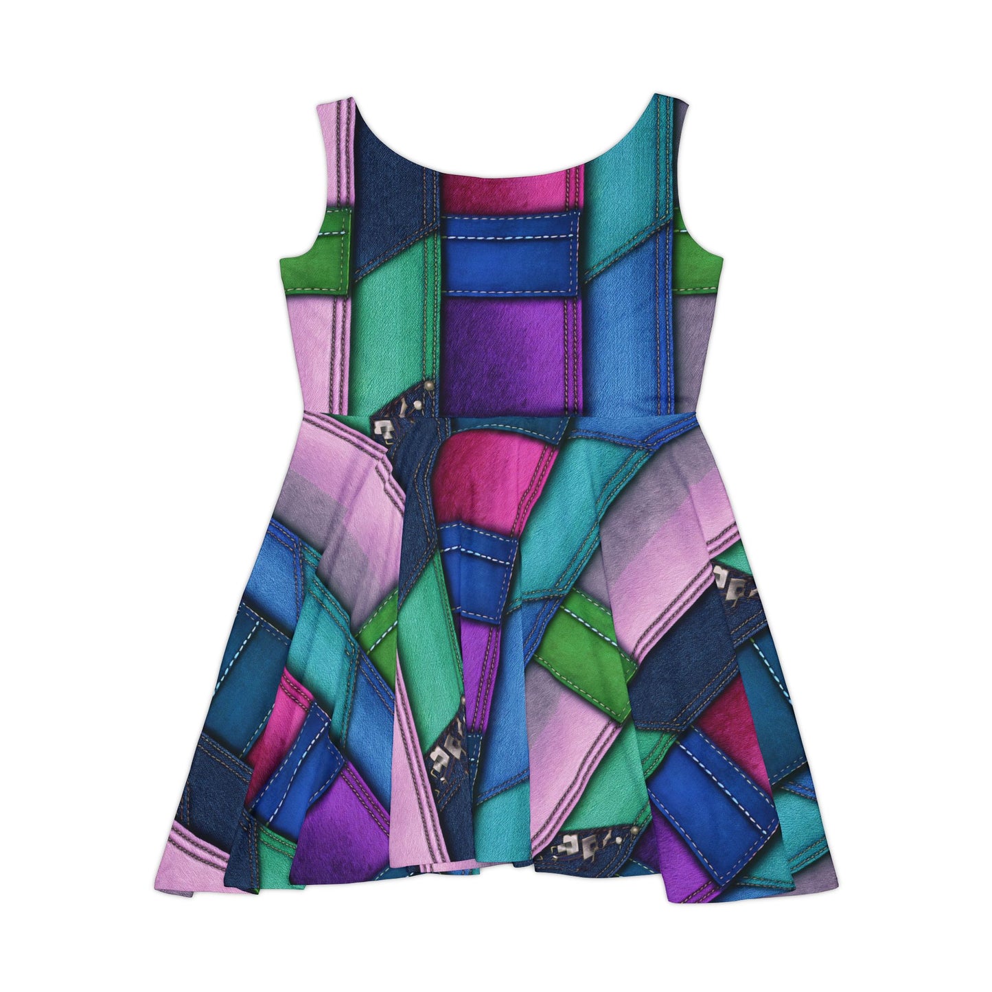 Women Denim Print Skater Dress, Denim Print Poly-Span Dress - 7