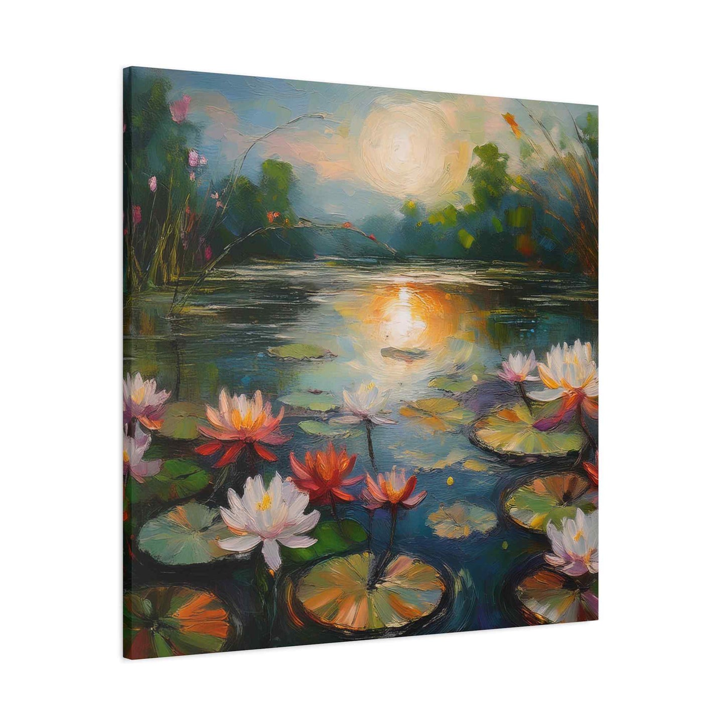 Water Lilies Print Canvas, Oil Paint Print 20x20, 24x24, 30x30, 32x32, 36x36 Floral Art Print Pine-Wood Inner Frame MC-66