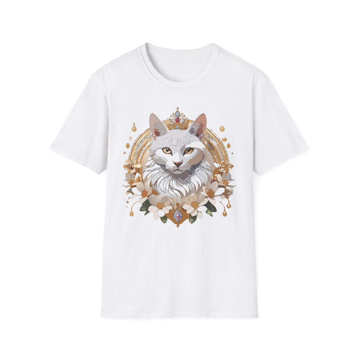 Regal White Cat Illustration T-Shirt | Crowned Feline Art