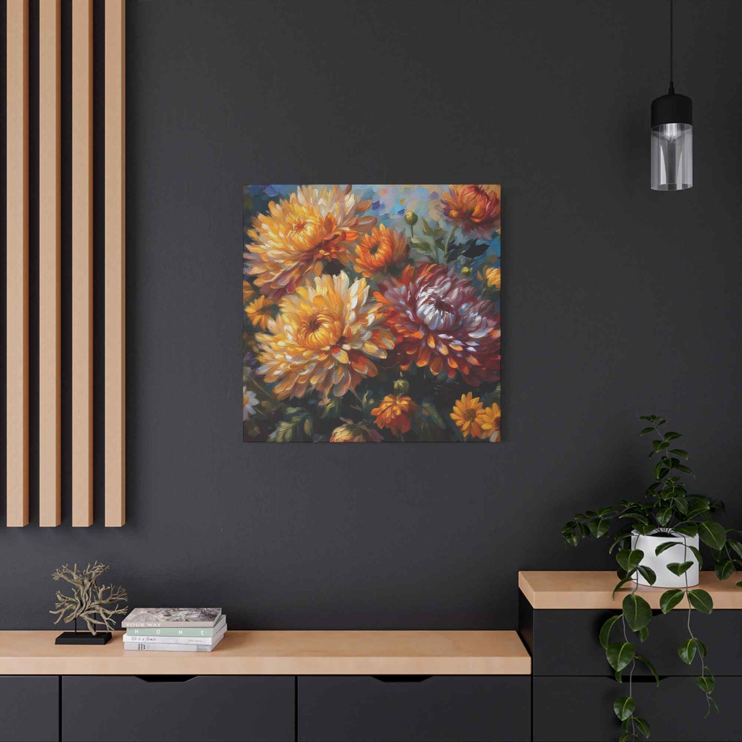 Chrysanthemums Print Canvas, Floral Oil Paint Print 20x20, 24x24, 30x30, 32x32, 36x36 Art Design Pine-Wood Inner Frame MC-157