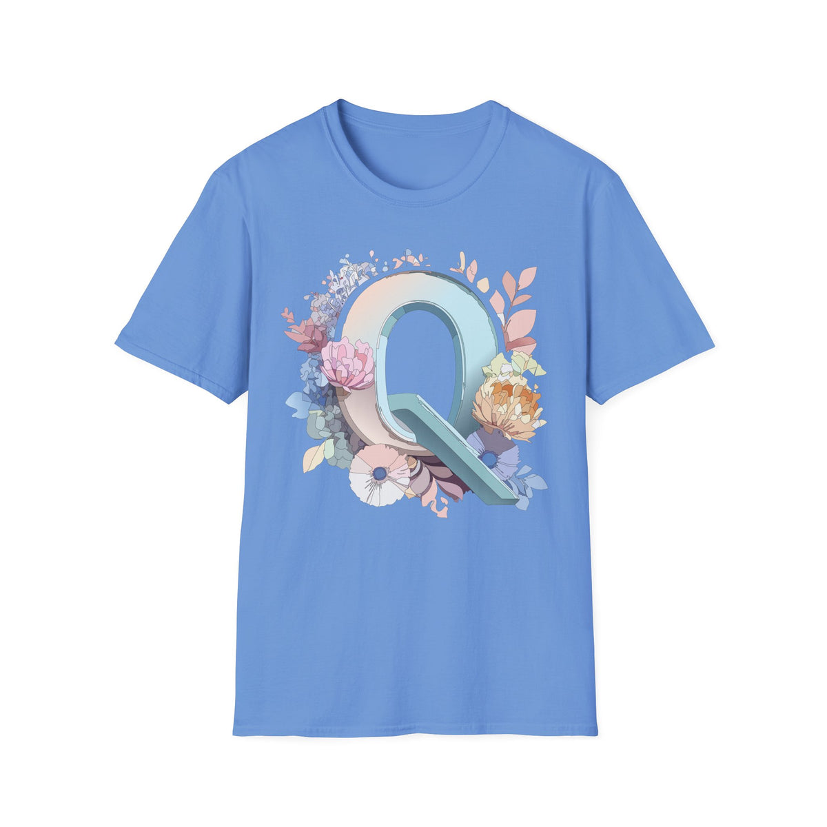 Floral Letter Q T-Shirt | Monogram Initial Tee, Pastel Botanical Alphabet