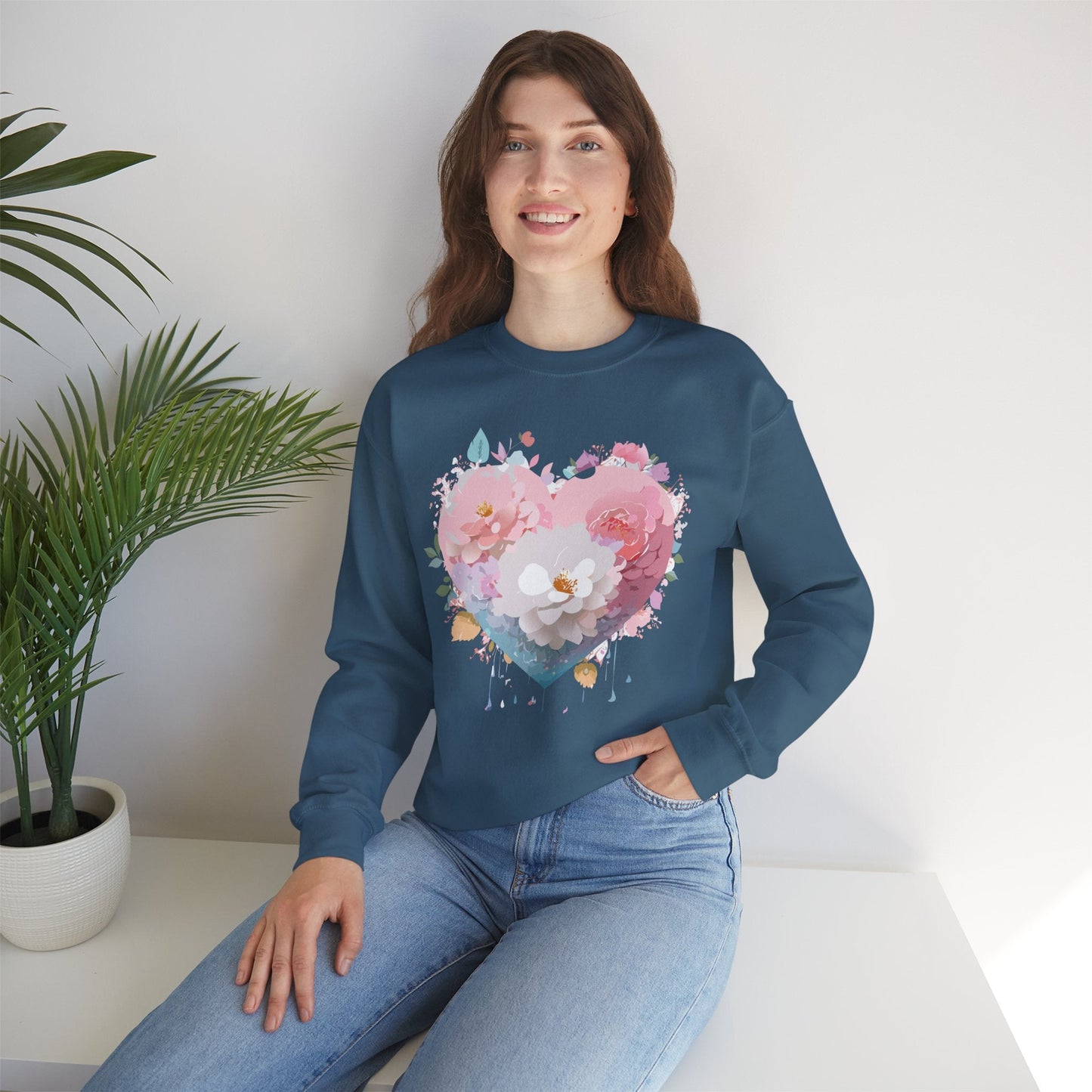 Unisex Floral Heart Sweatshirt For Valentines Day With Love Floral Print Crewneck