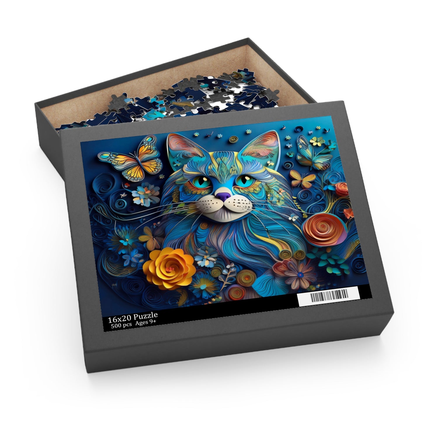 3D Blue Cat Face Puzzle 500-Piece | Floral Cat Puzzle 500-Piece Ages 9+