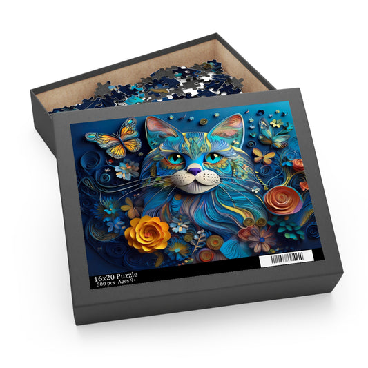 3D Blue Cat Face Puzzle 500-Piece | Floral Cat Puzzle 500-Piece Ages 9+