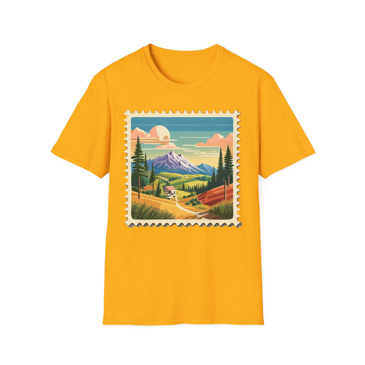 Mountain Landscape Stamp T-Shirt | Retro Sunset Scenic Tee