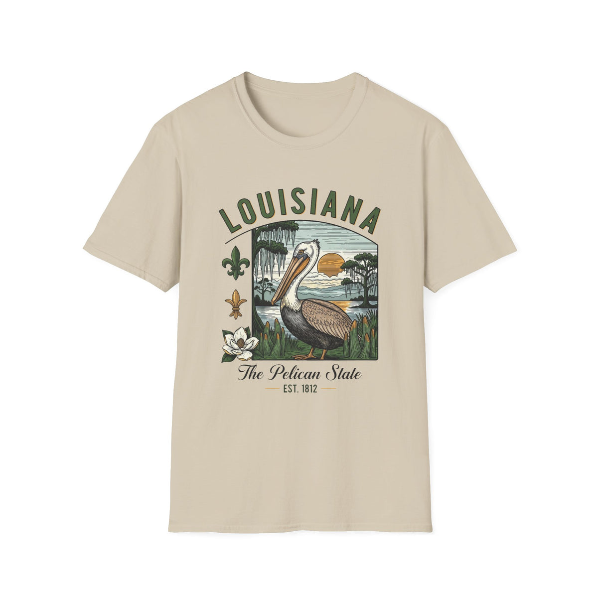 Louisiana Pelican State Graphic T-Shirt — Vintage Bayou Sunset Travel Tourist Graphic Design Unisex 100 Cotton Gildan T-Shirt