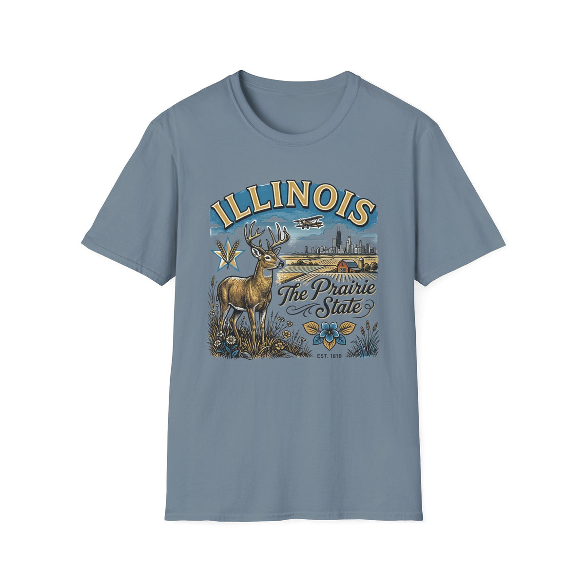 Illinois The Prairie State T-Shirt — Deer & Skyline Vintage Travel Tourist Graphic Tee Unisex 100 Cotton Gildan T-Shirt