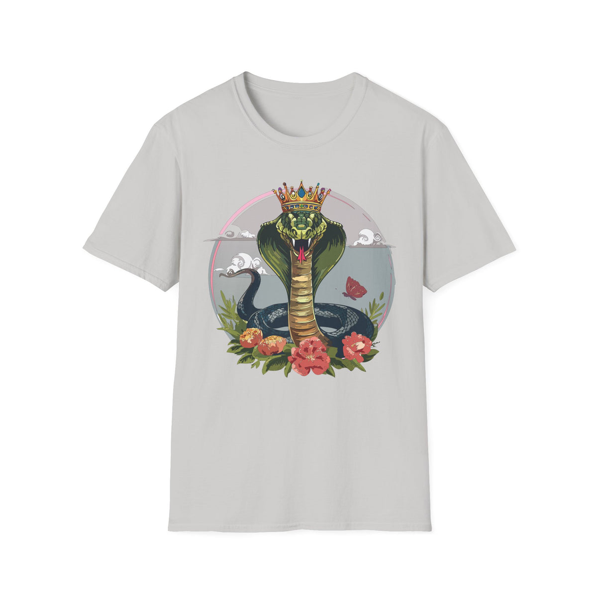 Crowned King Cobra T-Shirt | Snake Illustration, Floral Accent