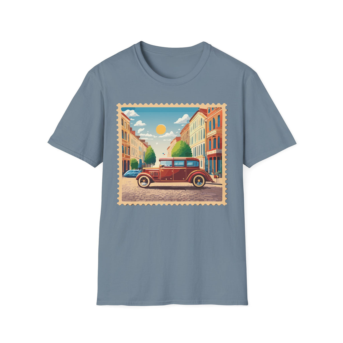 Vintage City Street Illustration T-Shirt | Retro Car, Sunny Urban Graphic Tee Unisex 100 Cotton Gildan T-Shirt