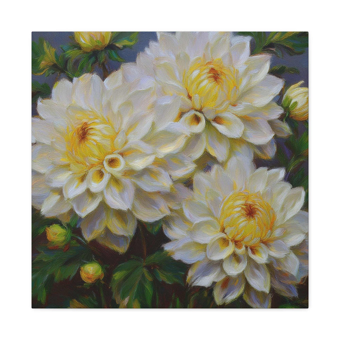 White Dahlias Print Canvas, Floral Oil Paint Print 20x20, 24x24, 30x30, 32x32, 36x36 Art Design Pine-Wood Inner Frame MC-168
