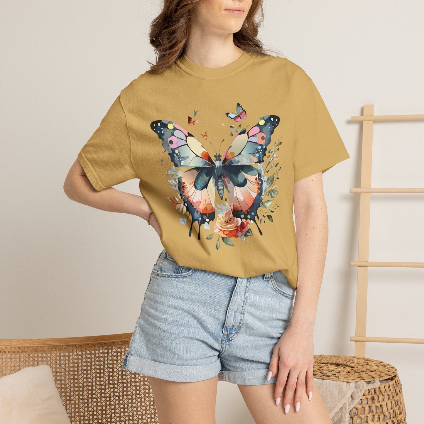 Butterfly Floral Print T-Shirt Botanical Design Unisex Heavy Cotton Tee b3